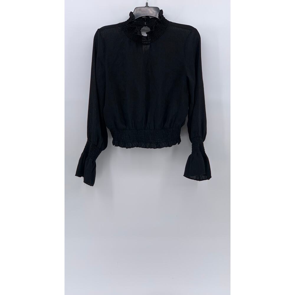 UNBRANDED Women's Black Sheer Mock-Neck Long Bell Sleeve Top SZ S